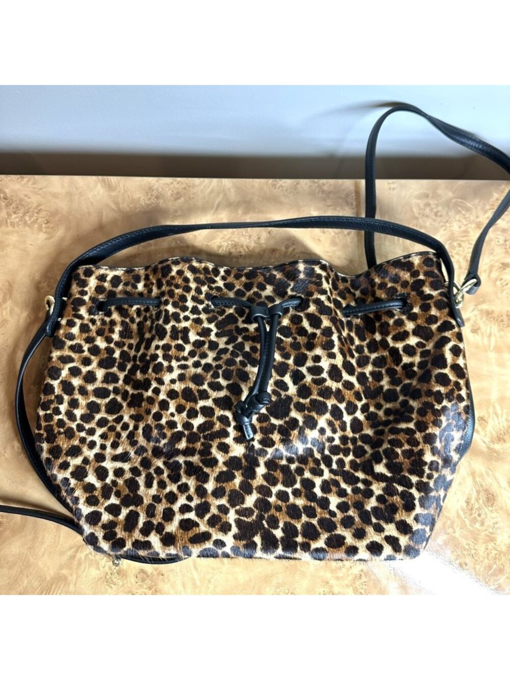 Talbots Leopard Print Calf Hair Leather Drawstring Bucket Shoulder Crossbody Bag - Picture 2 of 8